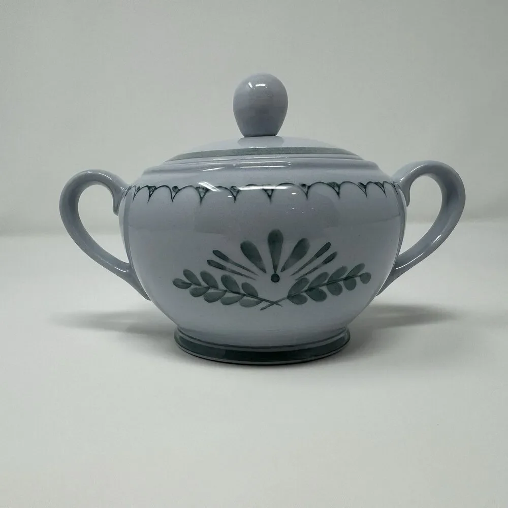 Arabia Finland Green Thistle Sugar Bowl and Lid Handpainted Vintage